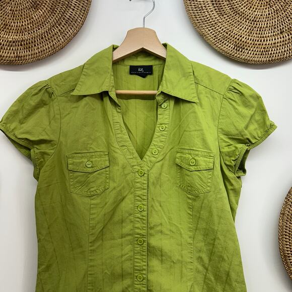 Vintage Y2K 2000s IZ Byer Green Button Up Collared Short Sleeve Top Large - Picture 4 of 7